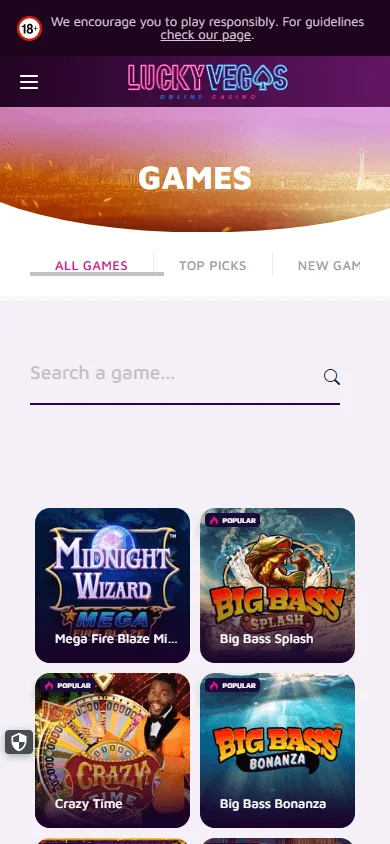 Lucky Vegas casino games area on a mobile device