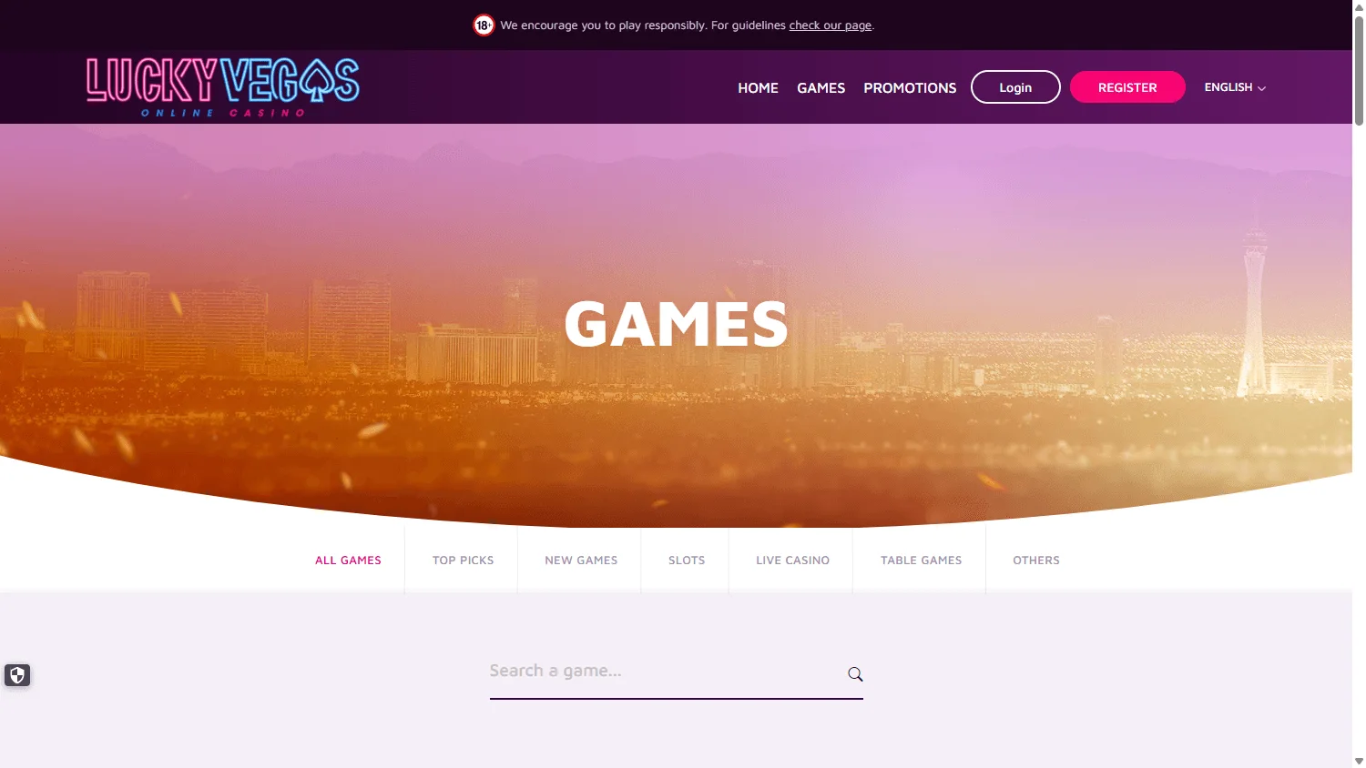 Lucky Vegas casino games area on a desktop screen