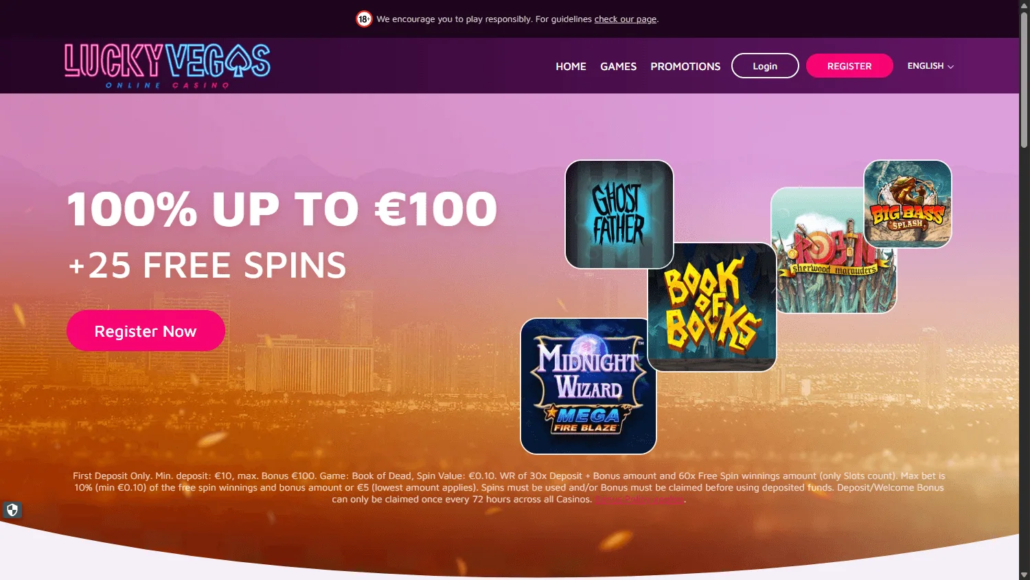Lucky Vegas homepage on a desktop screen