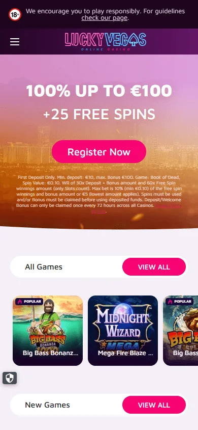Lucky Vegas homepage on a mobile device